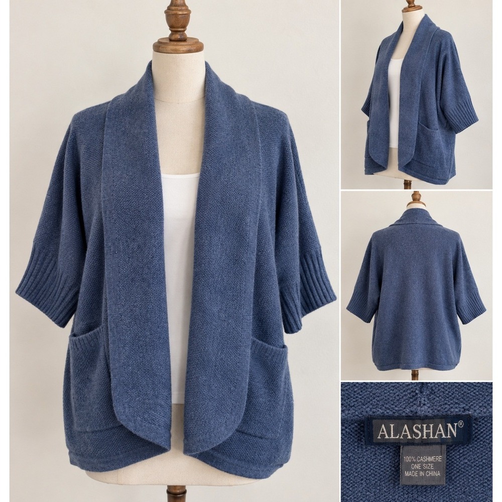 100% Cashmere Cardigan Sweater Womens One Size Blue Quiet Luxury Minimalist